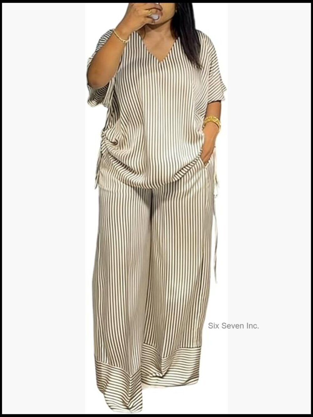 Striped V Neck Lounge Set - 2 Piece Short Sleeve Top & Wide Leg Pants